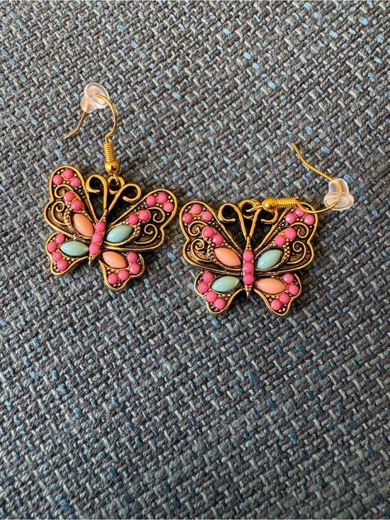 Jewelry - Gold-Tone Pink & Mint Butterfly Drop Earrings